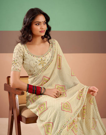Beige Georgette Printed Bandhani Saree