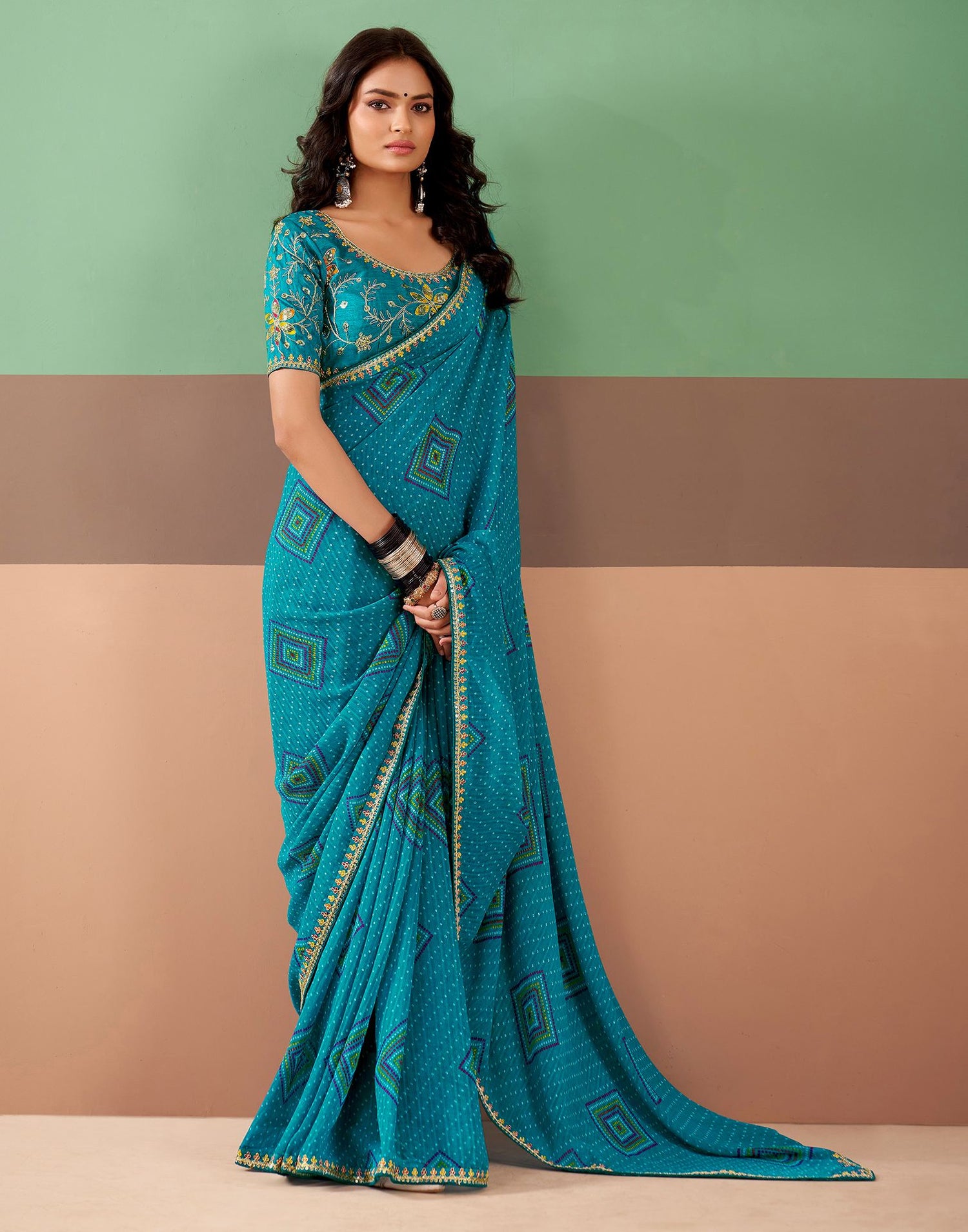 Teal Blue Georgette Printed Bandhani Saree