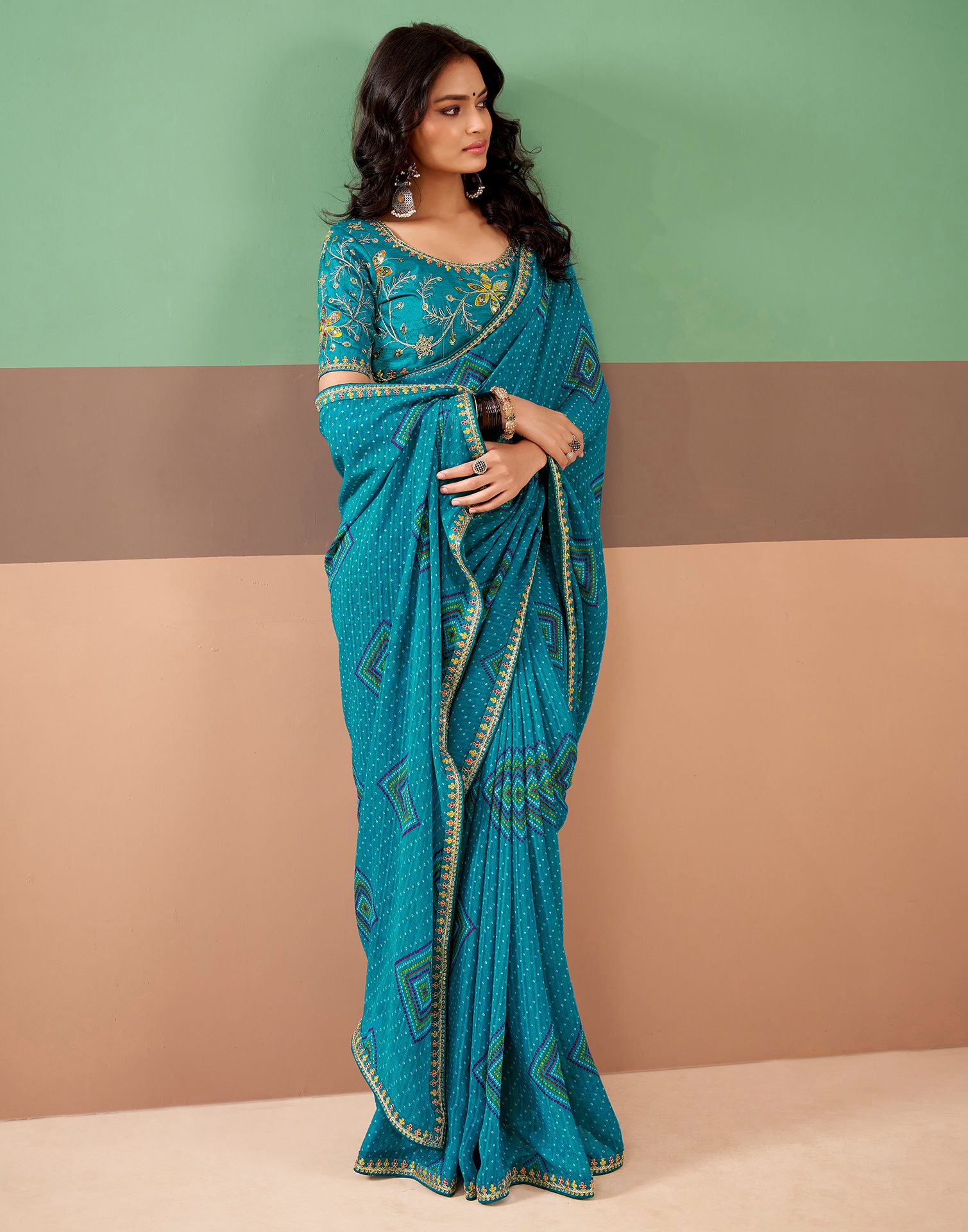Teal Blue Georgette Printed Bandhani Saree