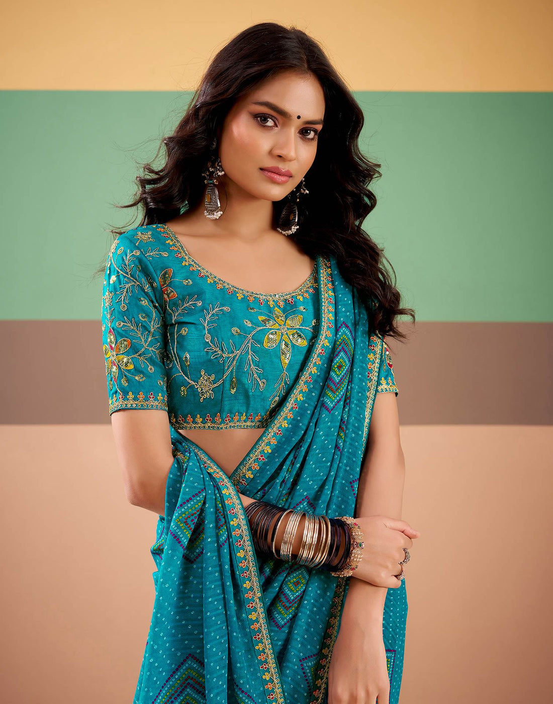 Teal Blue Georgette Printed Bandhani Saree
