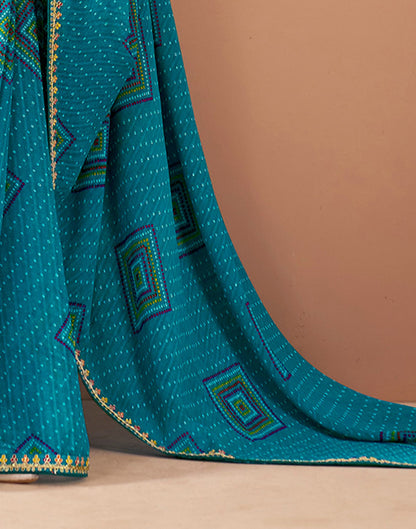 Teal Blue Georgette Printed Bandhani Saree