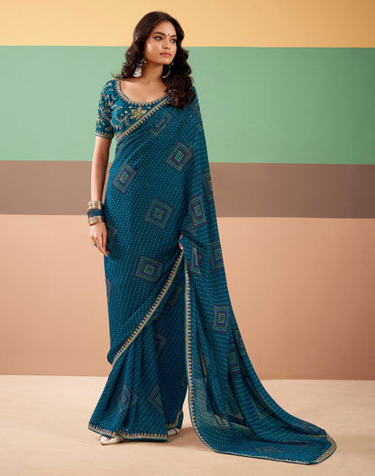 Rama Blue Georgette Printed Bandhani Saree