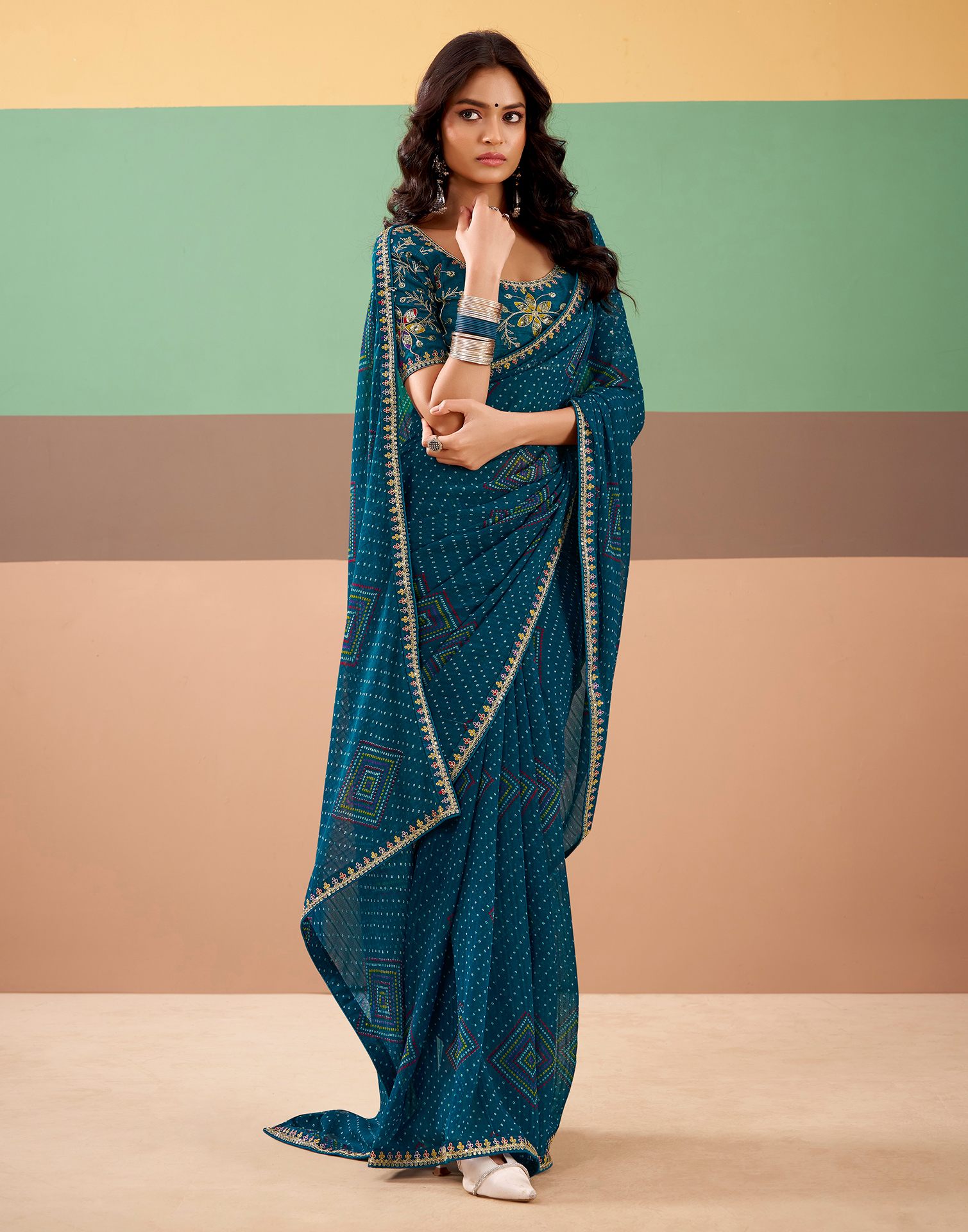 Rama Blue Georgette Printed Bandhani Saree