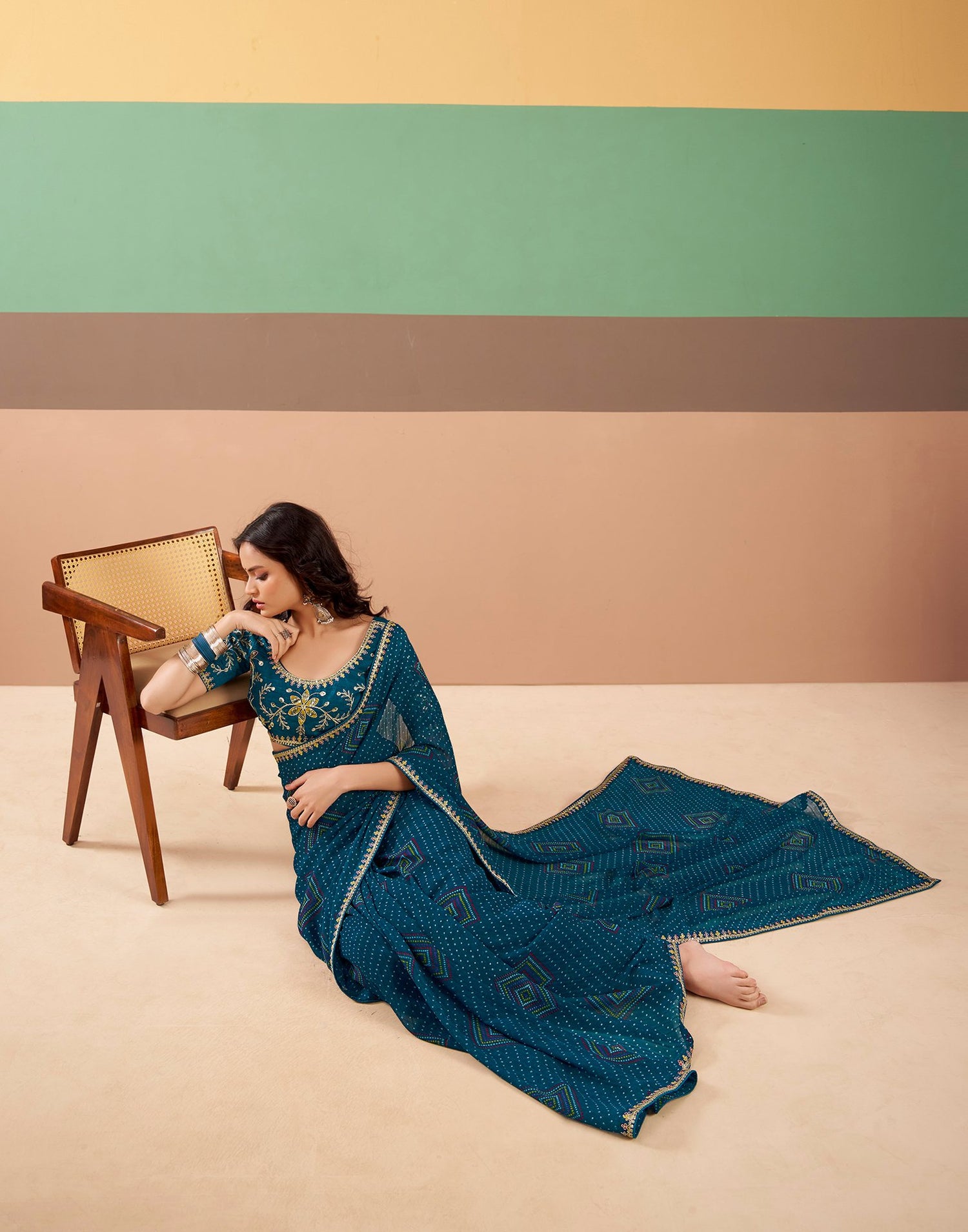 Rama Blue Georgette Printed Bandhani Saree