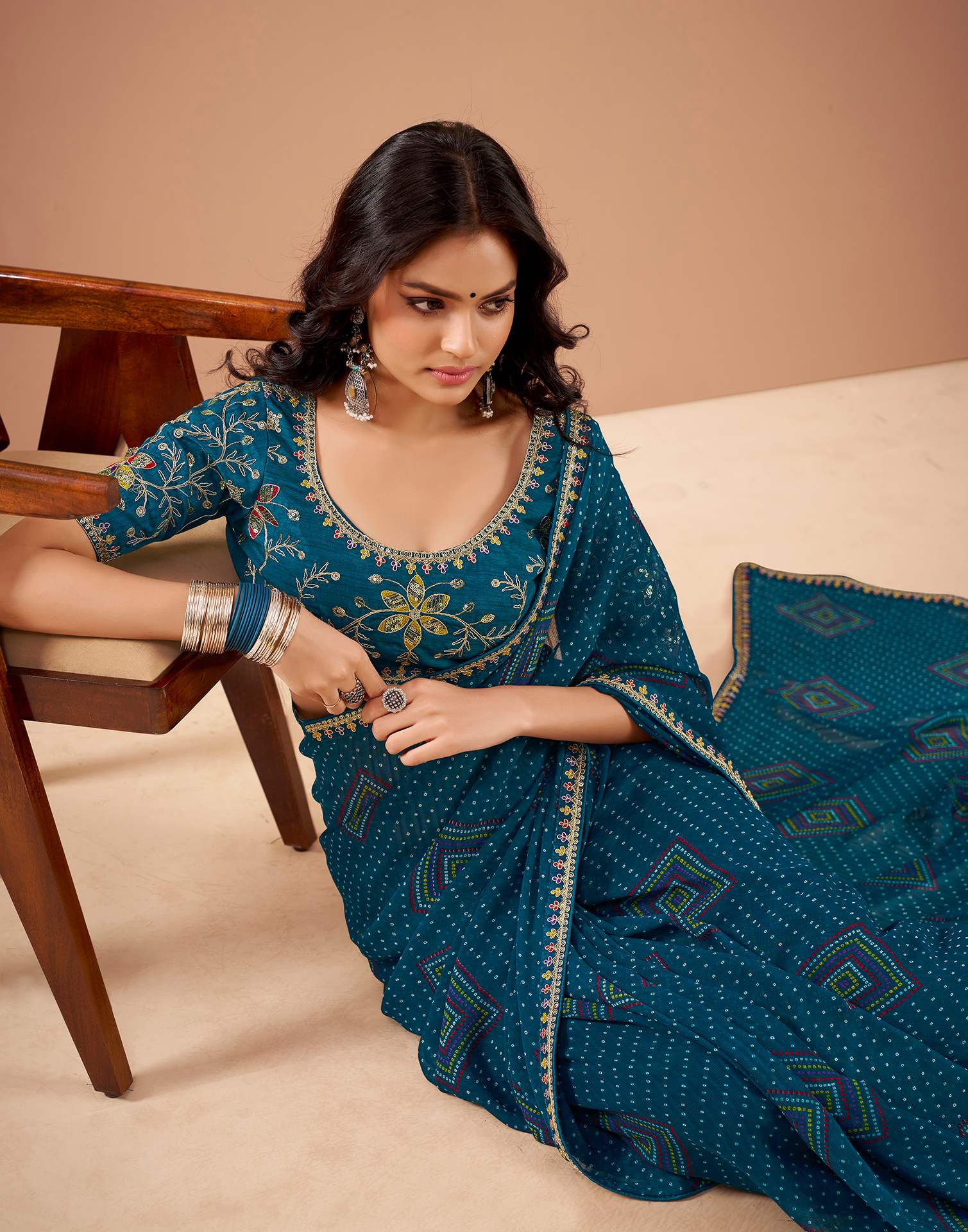 Rama Blue Georgette Printed Bandhani Saree