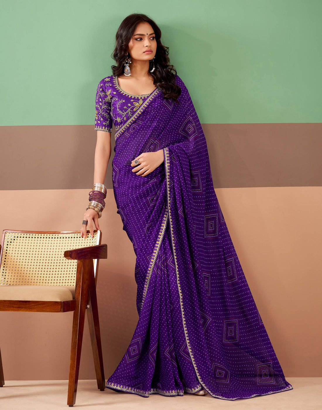 Violet Georgette Printed Bandhani Saree