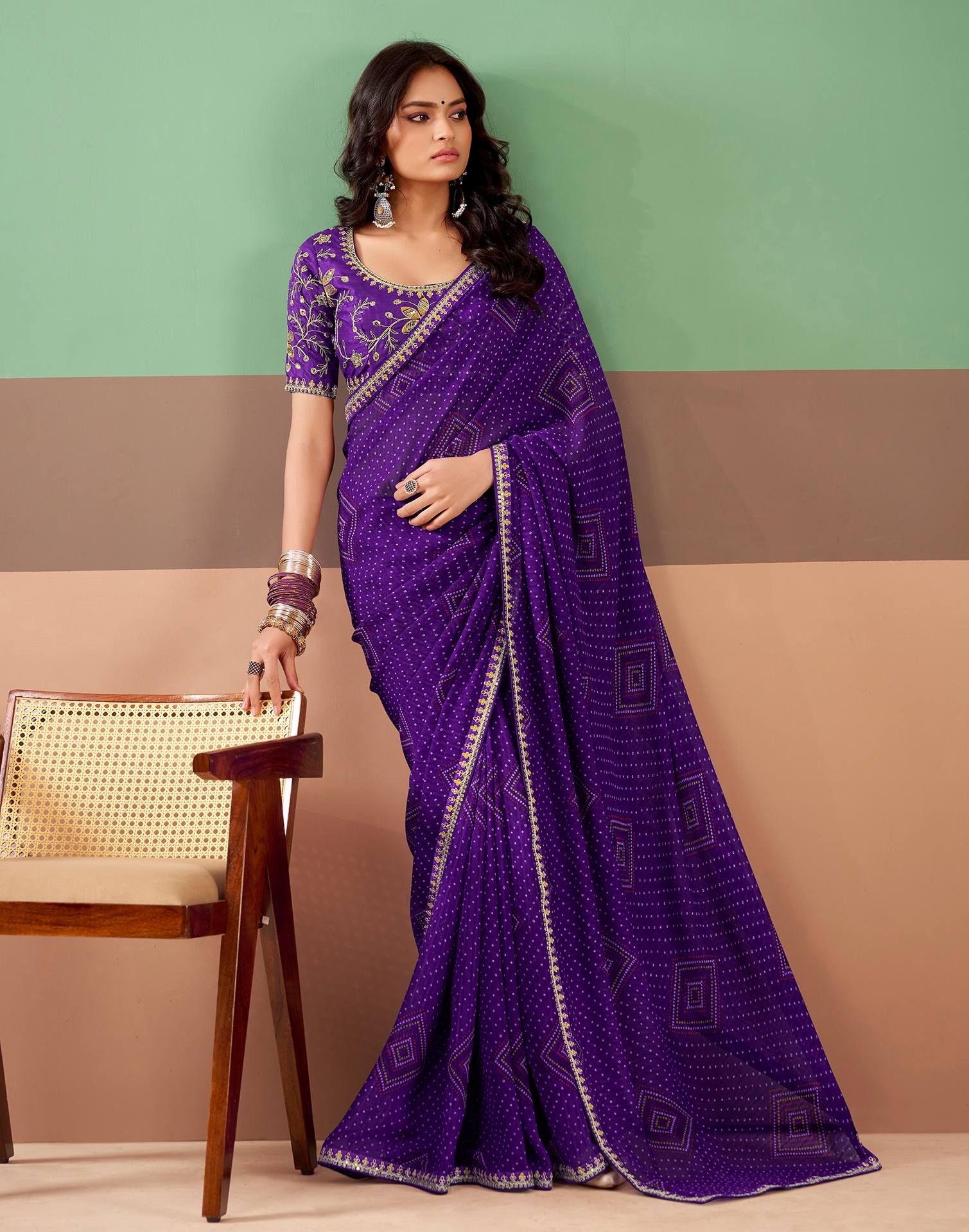 Violet Georgette Printed Bandhani Saree