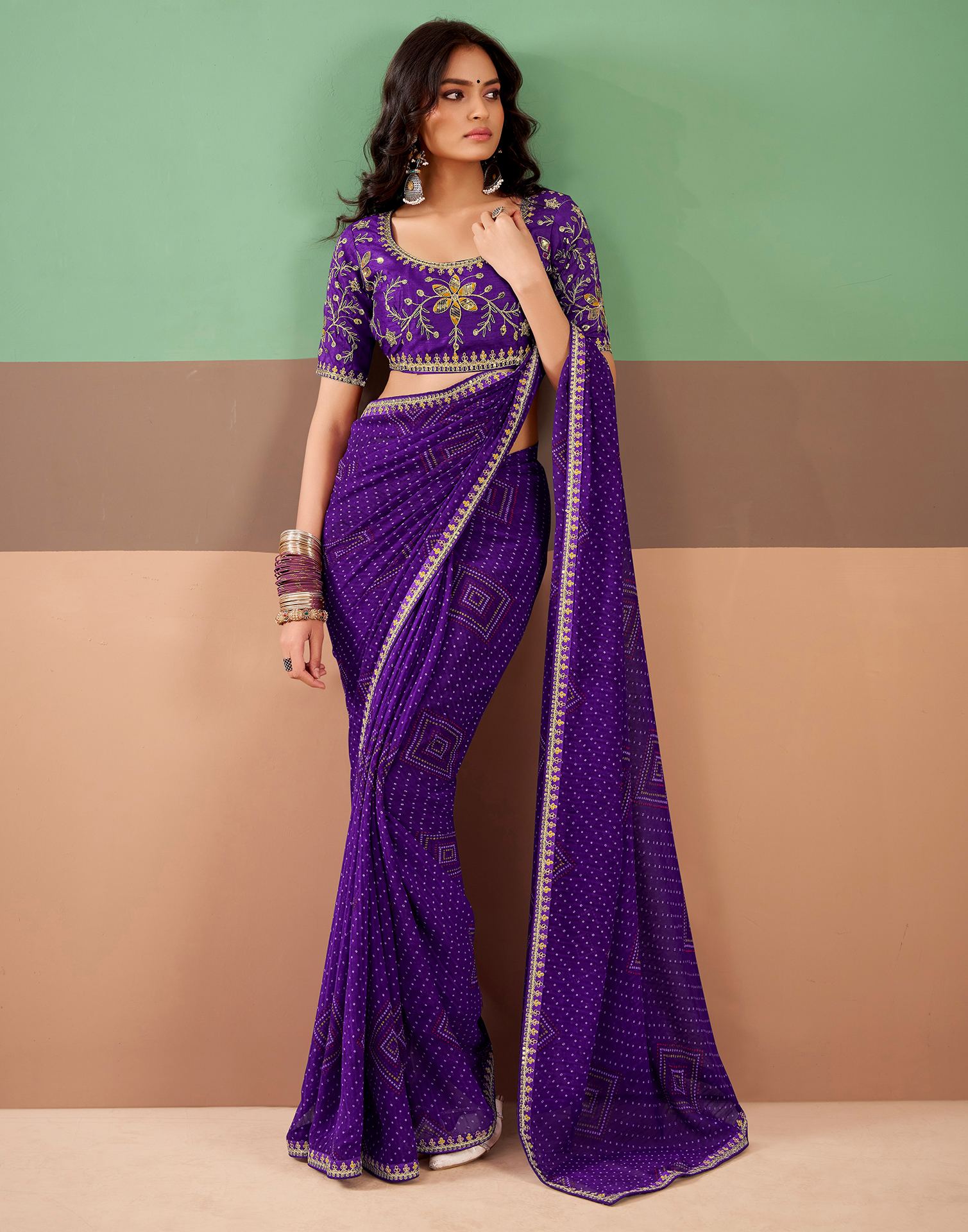 Violet Georgette Printed Bandhani Saree