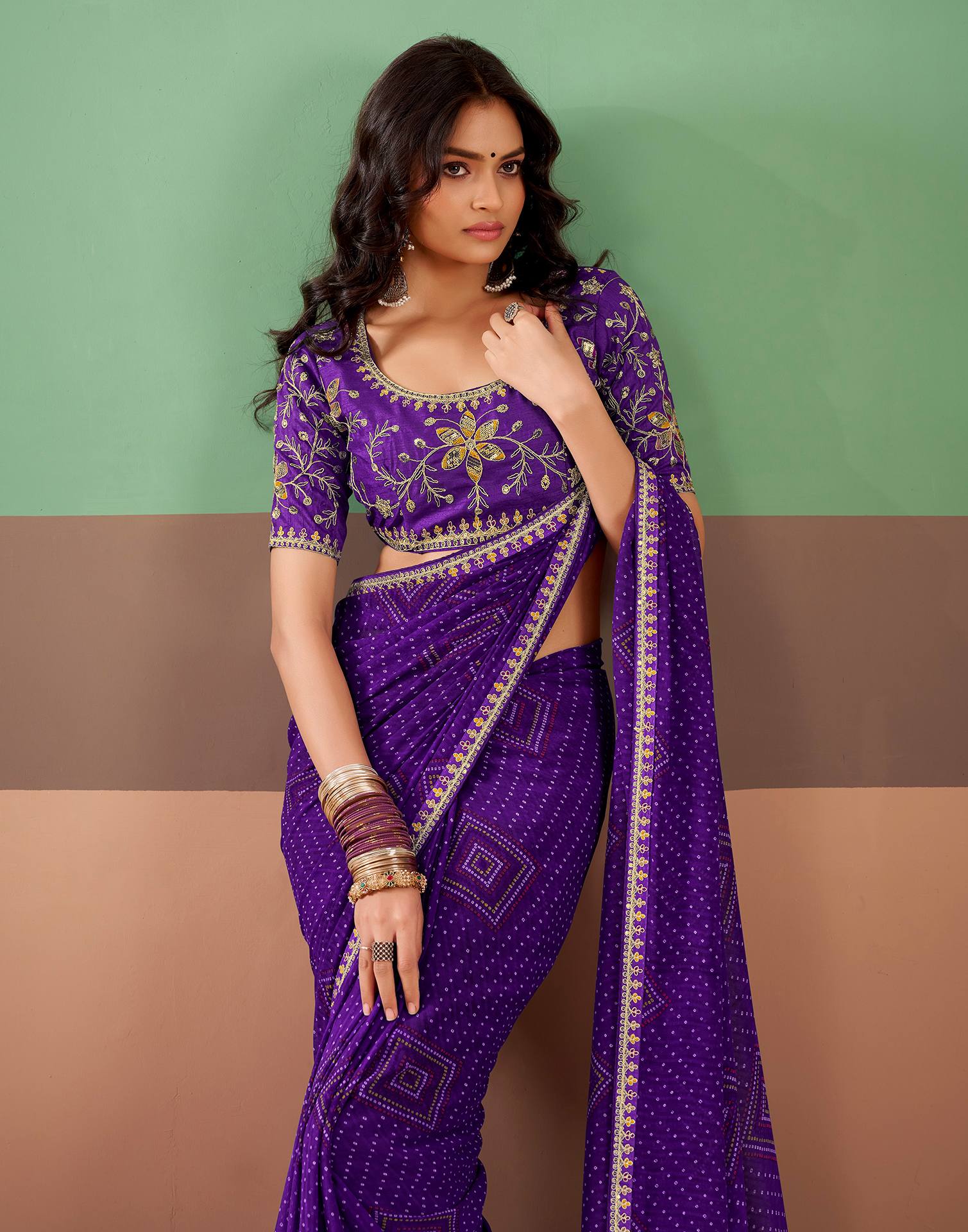 Violet Georgette Printed Bandhani Saree