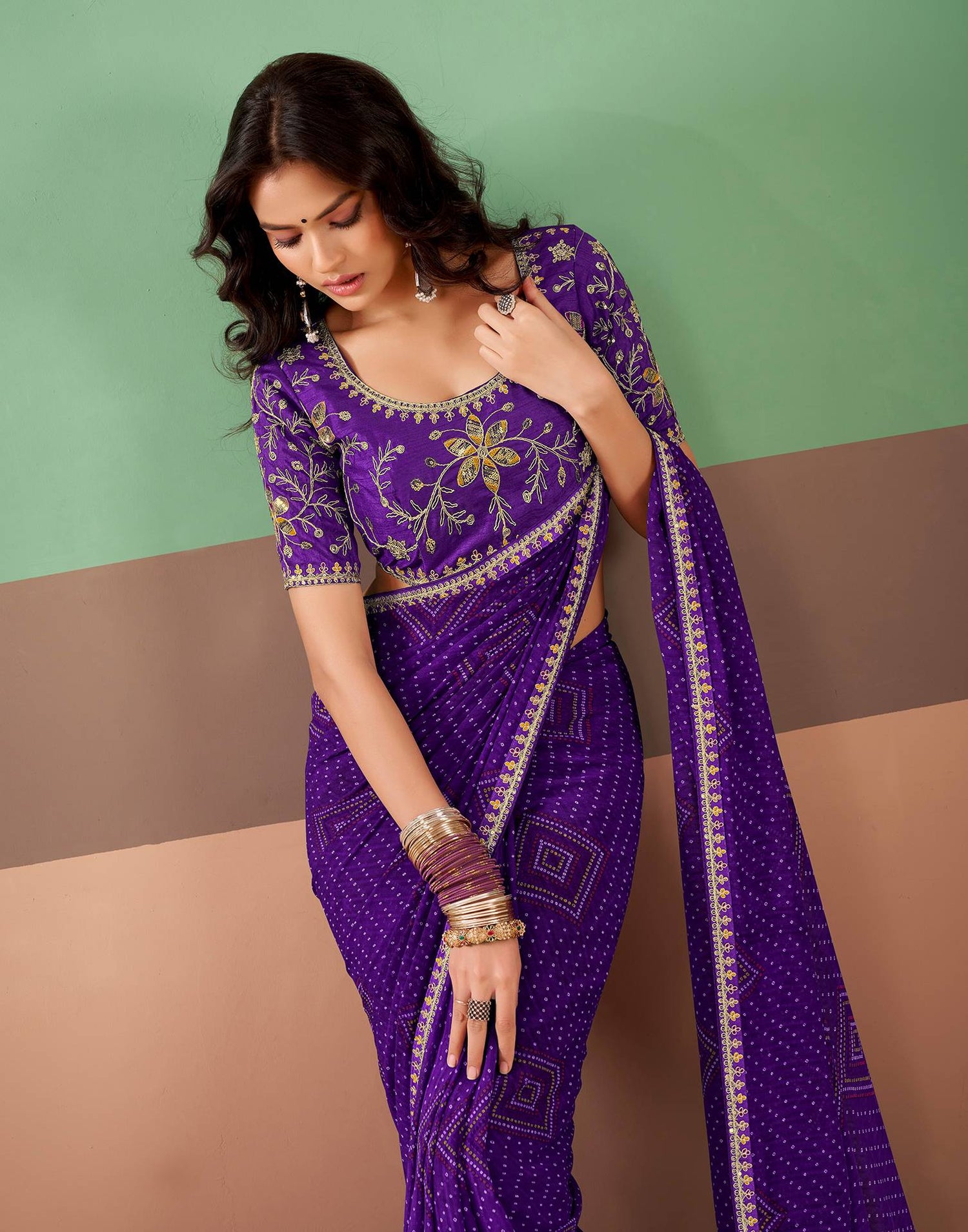 Violet Georgette Printed Bandhani Saree