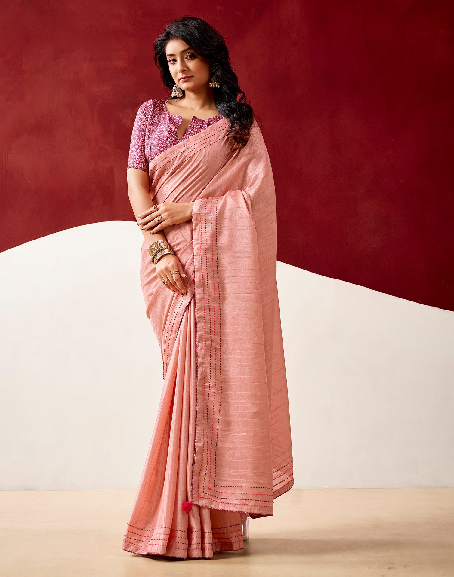 Peach Silk Embroidery Saree