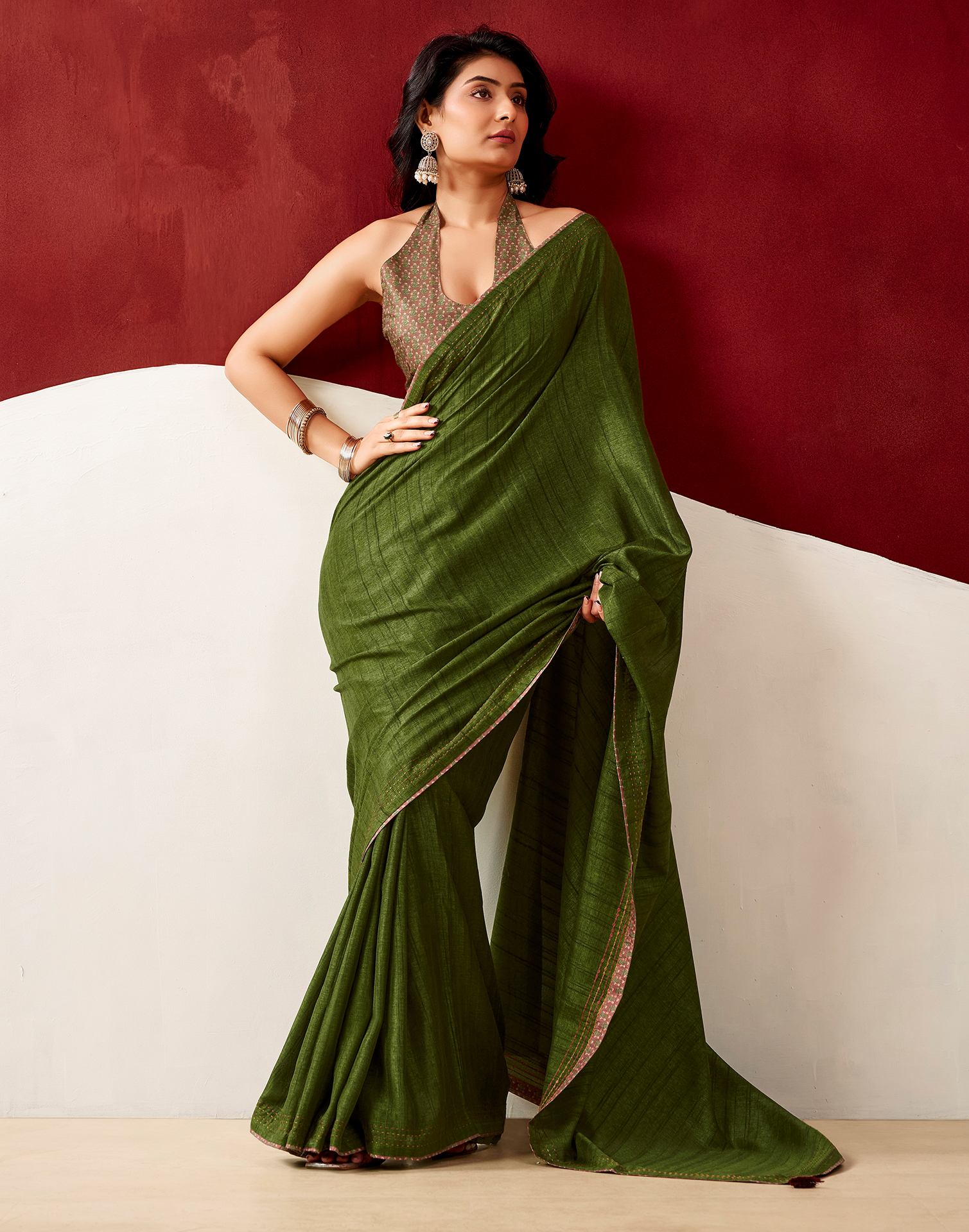Olive Green Silk Embroidery Saree