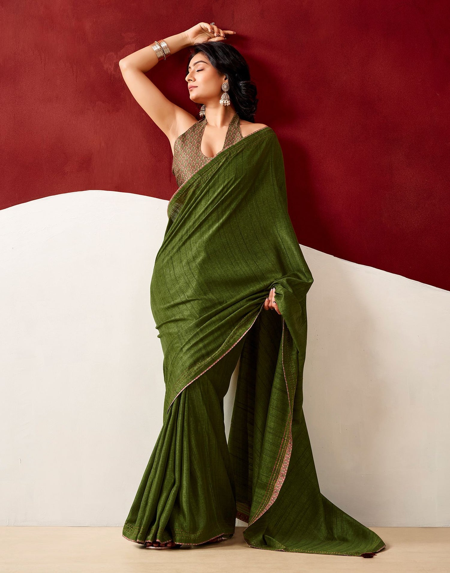 Olive Green Silk Embroidery Saree