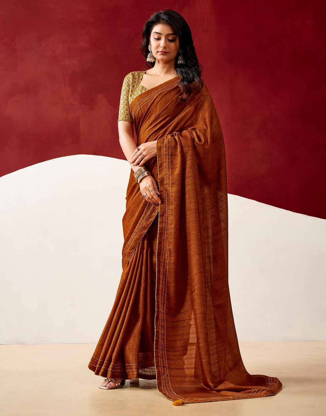 Rust Silk Embroidery Saree