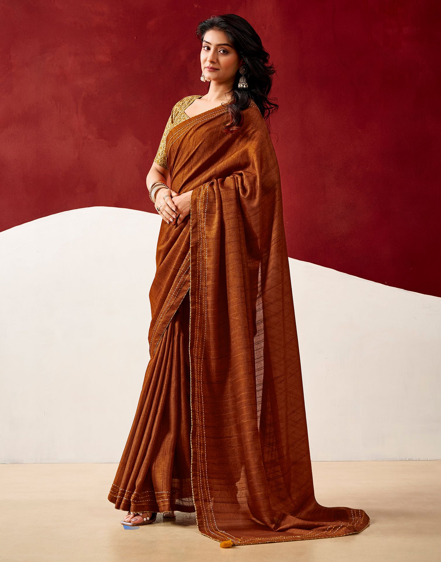 Rust Silk Embroidery Saree