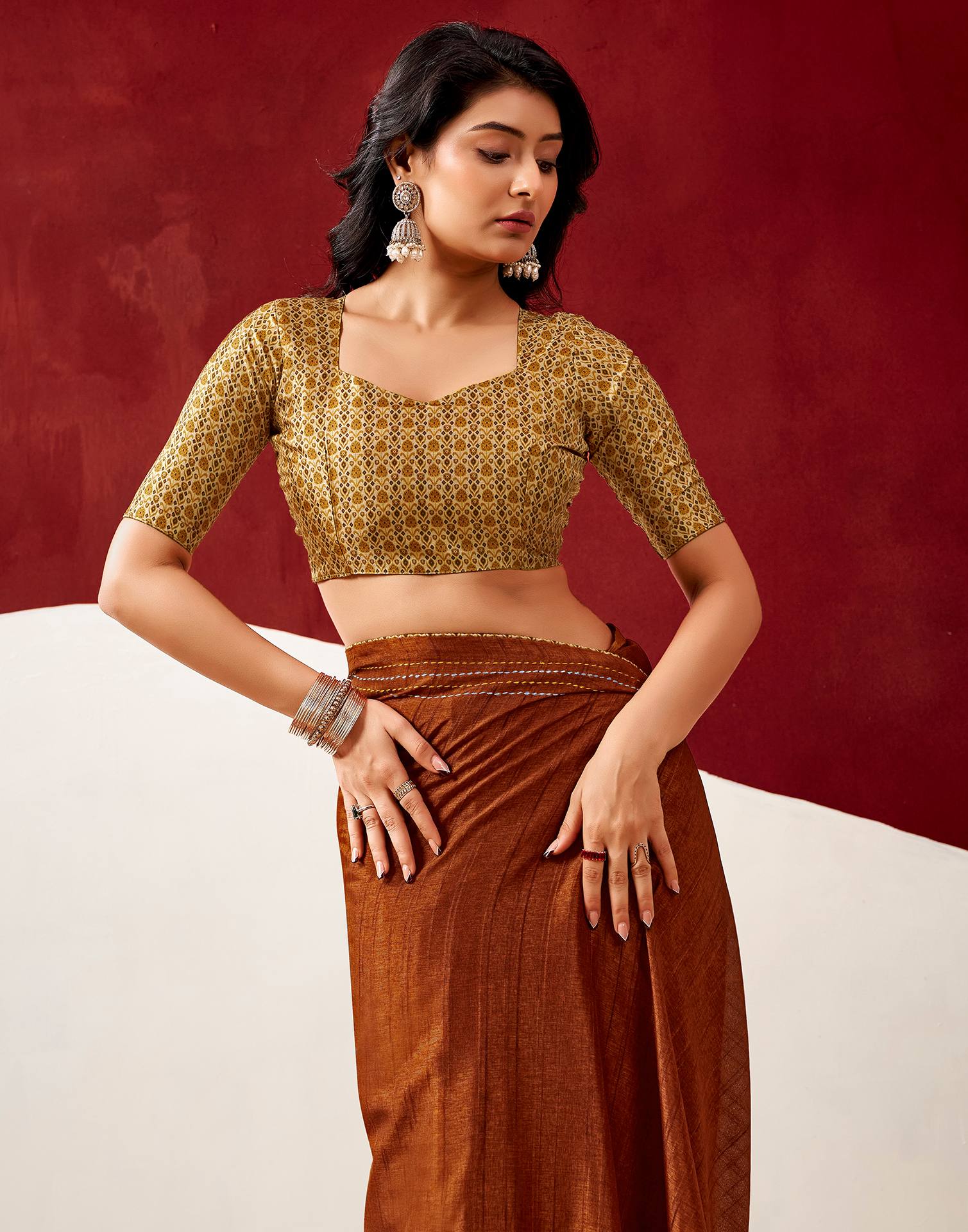 Rust Silk Embroidery Saree