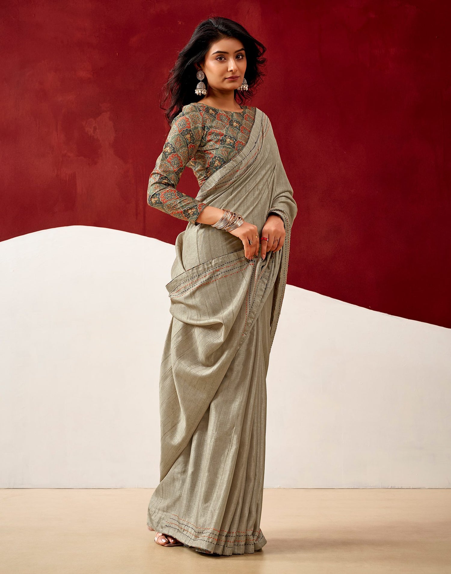 Dusty Beige Silk Embroidery Saree