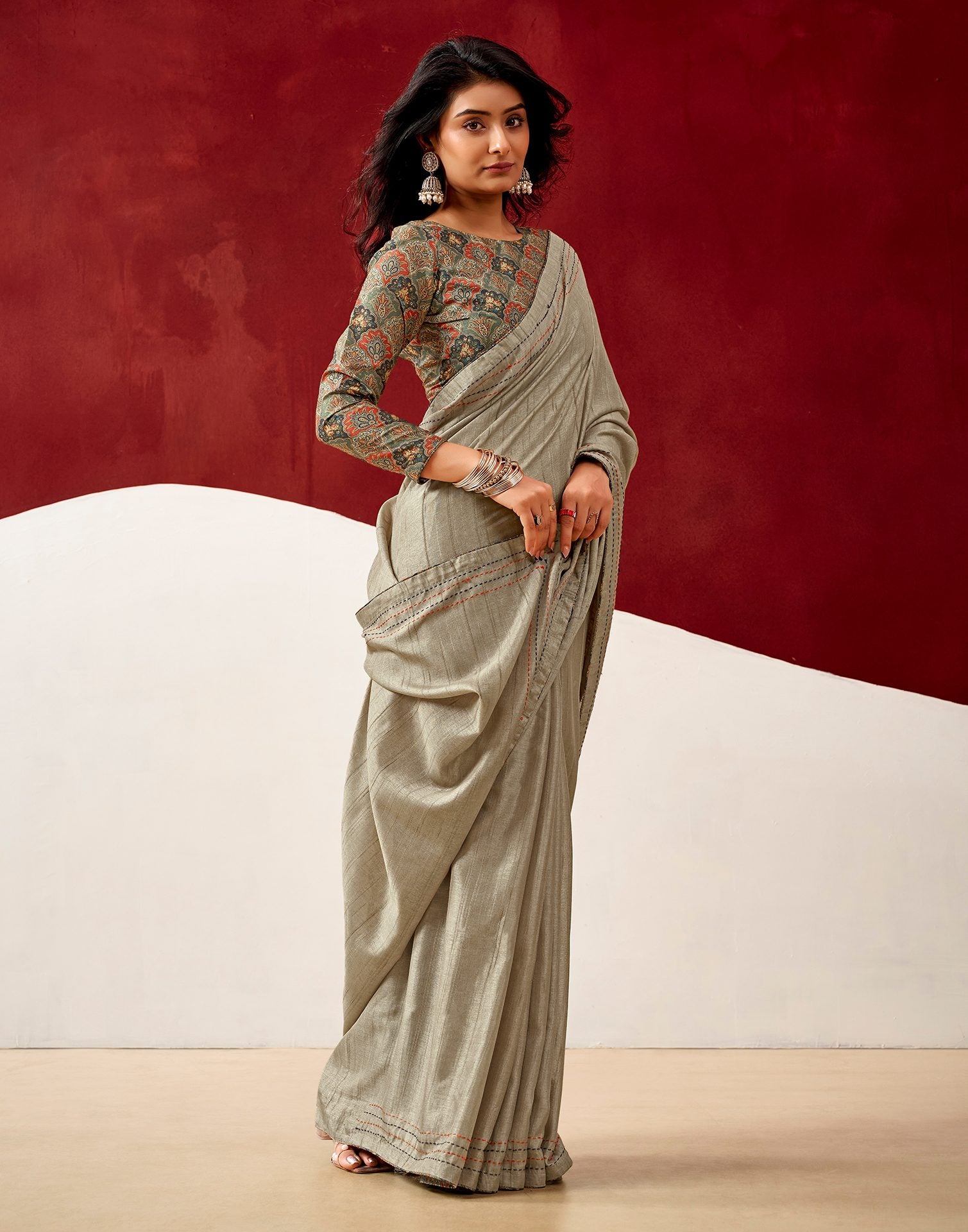 Dusty Beige Silk Embroidery Saree