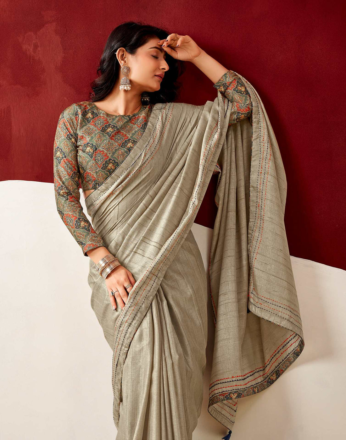 Dusty Beige Silk Embroidery Saree