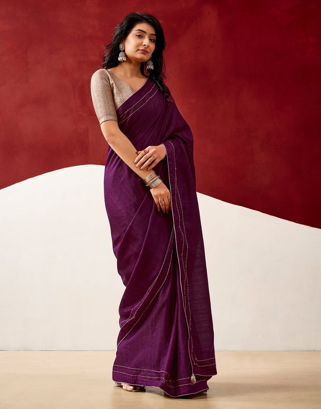 Wine Silk Embroidery Saree