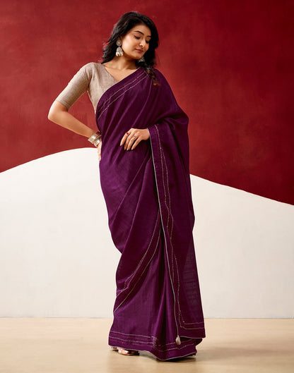 Wine Silk Embroidery Saree