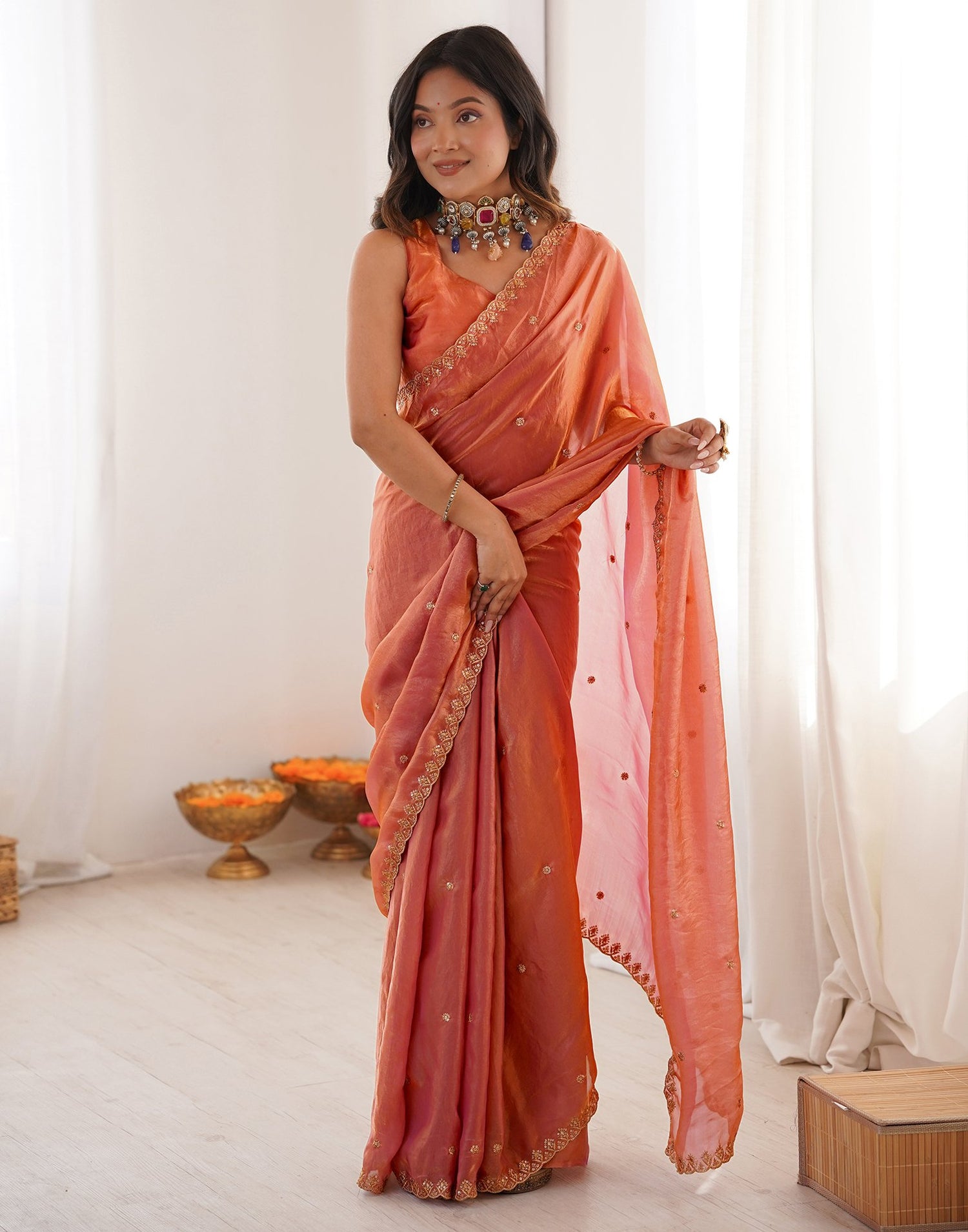 Peach Shimmer Tissue Sequence Embroidery Saree