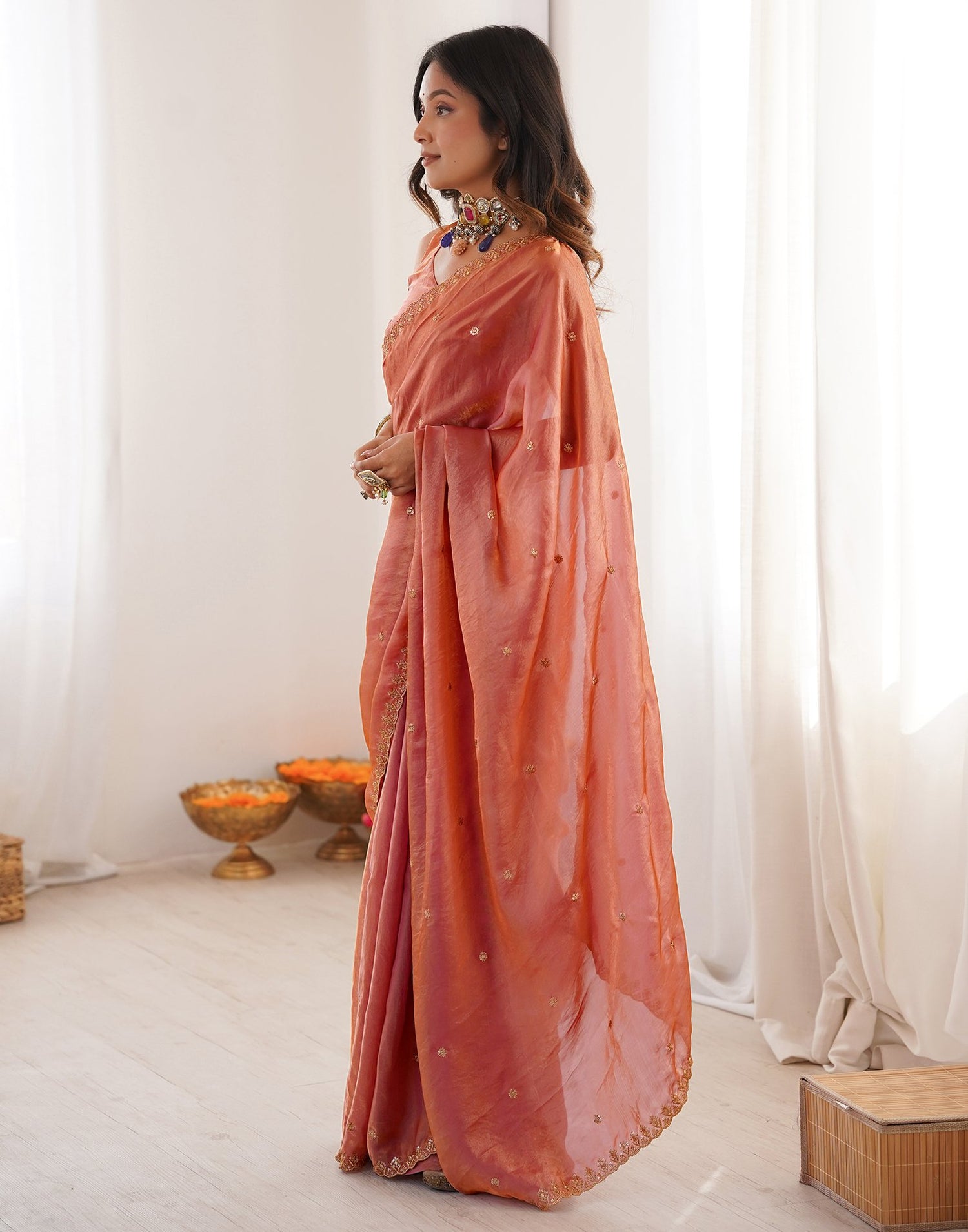 Peach Shimmer Tissue Sequence Embroidery Saree