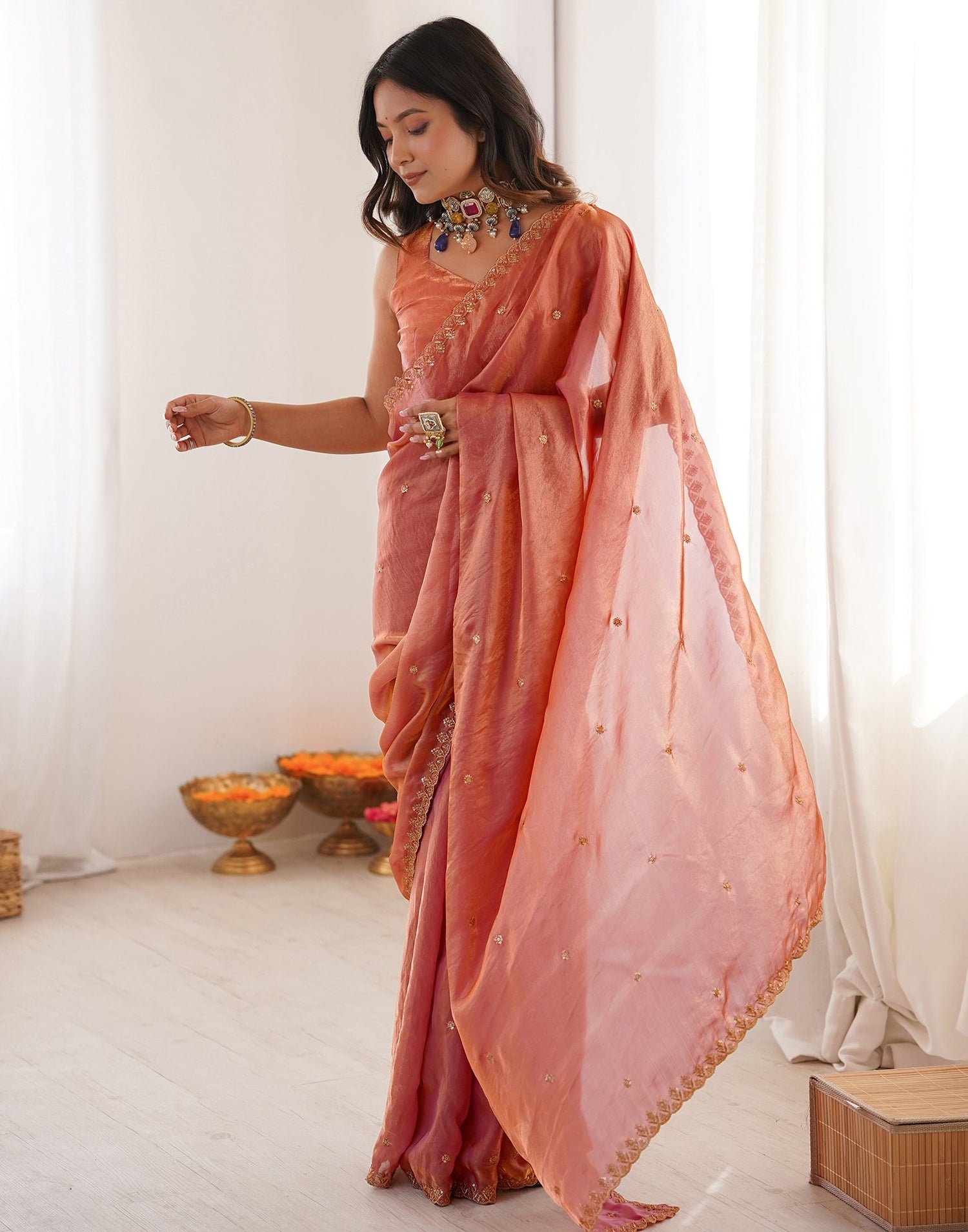 Peach Shimmer Tissue Sequence Embroidery Saree