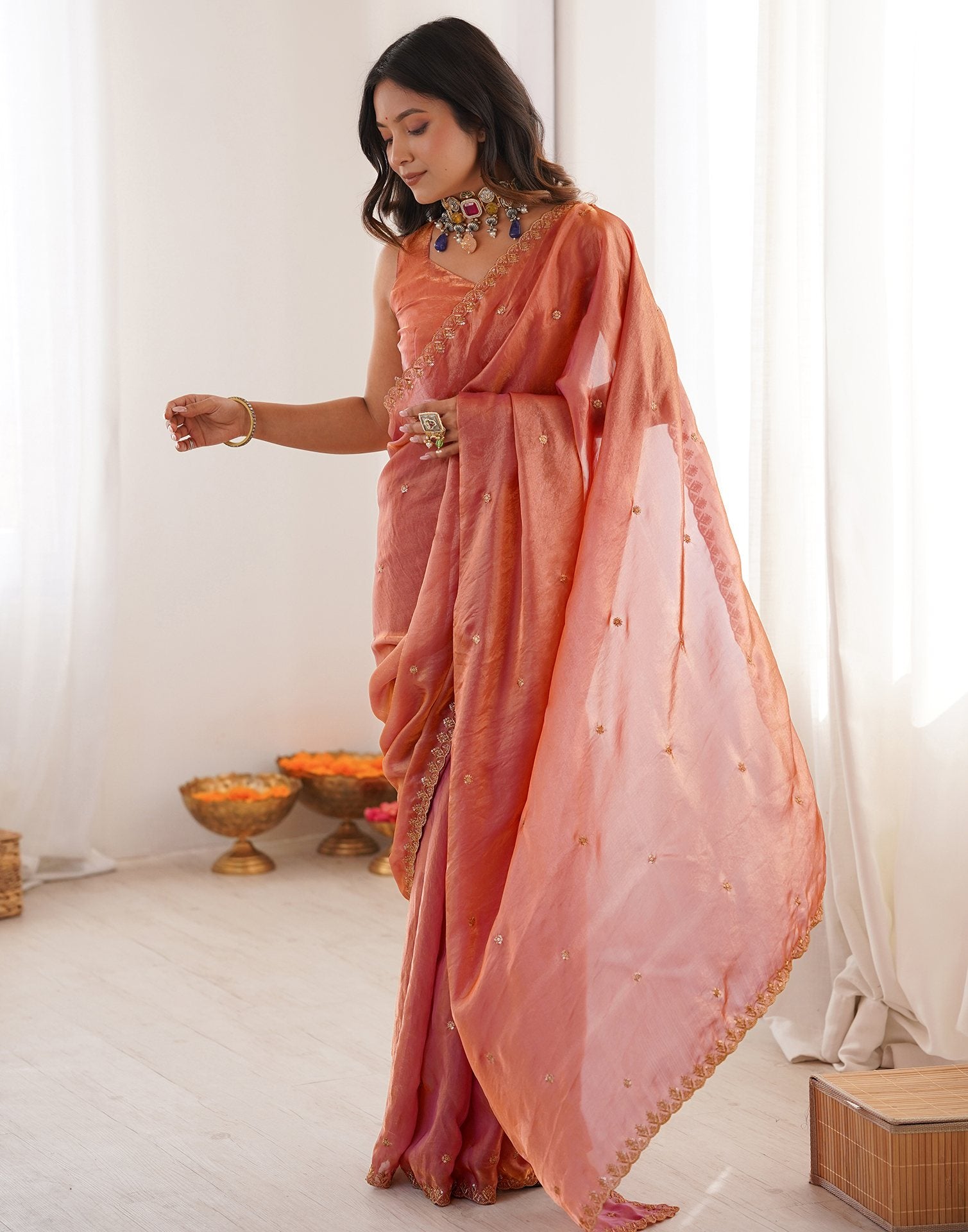 Peach Shimmer Tissue Sequence Embroidery Saree
