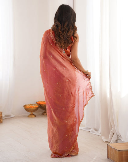 Peach Shimmer Tissue Sequence Embroidery Saree