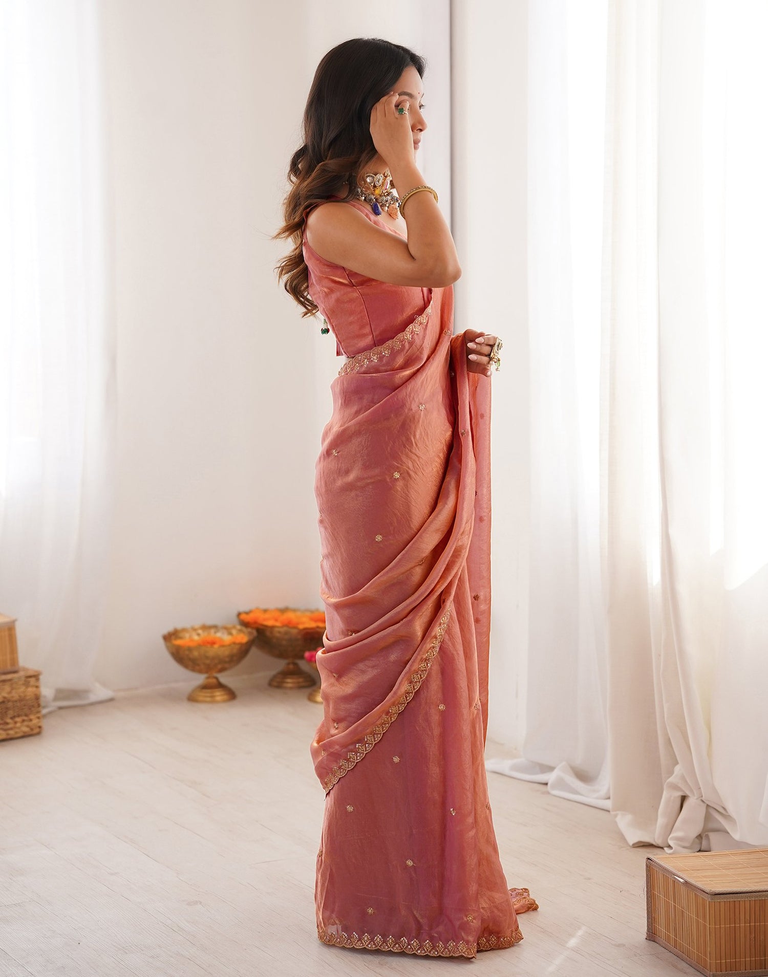 Peach Shimmer Tissue Sequence Embroidery Saree