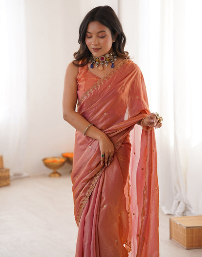 Peach Shimmer Tissue Sequence Embroidery Saree