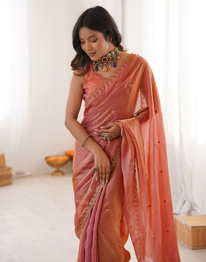 Peach Shimmer Tissue Sequence Embroidery Saree