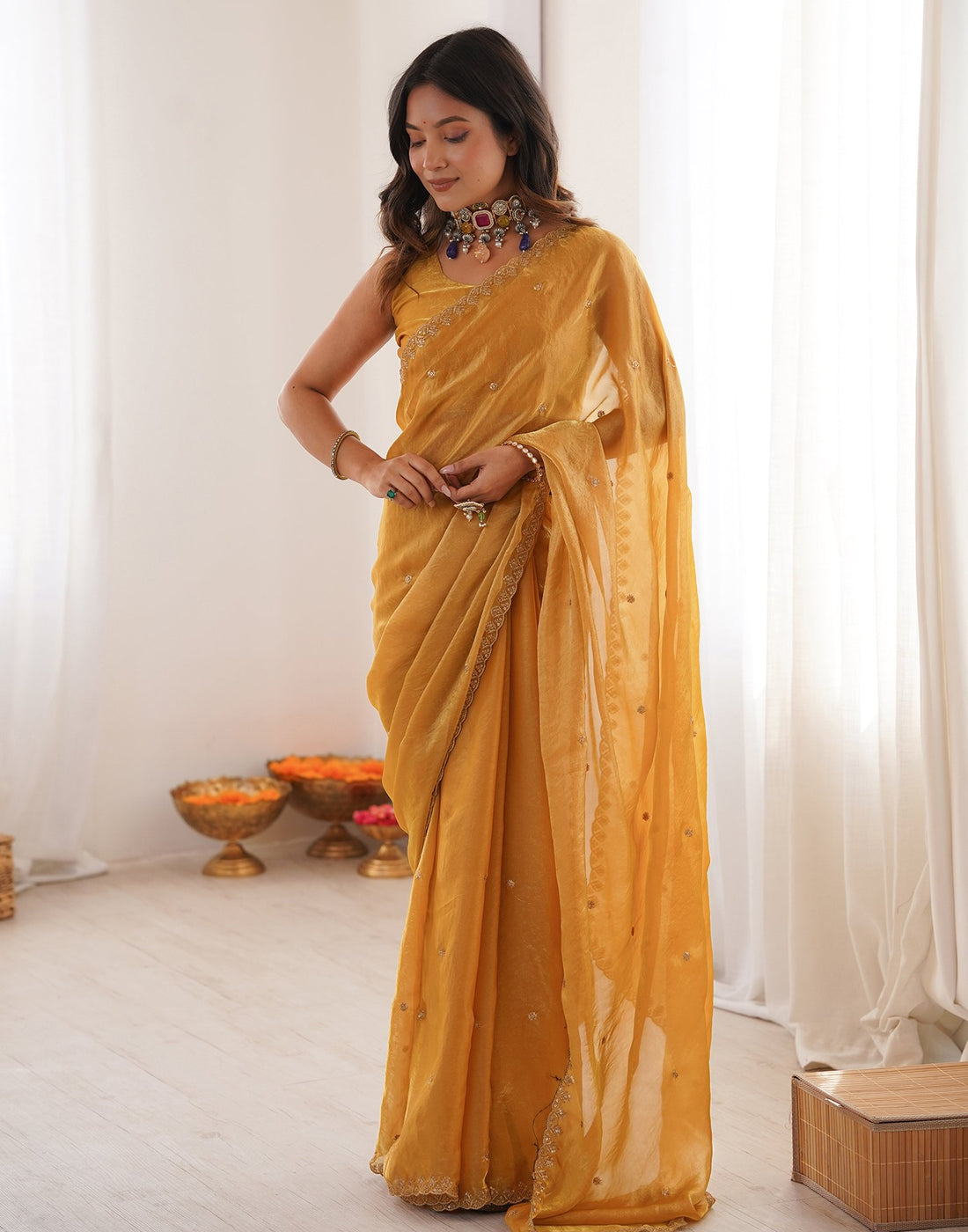 Yellow Shimmer Tissue Sequence Embroidery Saree