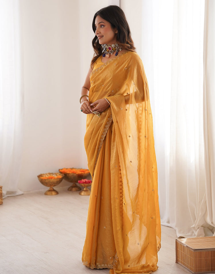 Yellow Shimmer Tissue Sequence Embroidery Saree