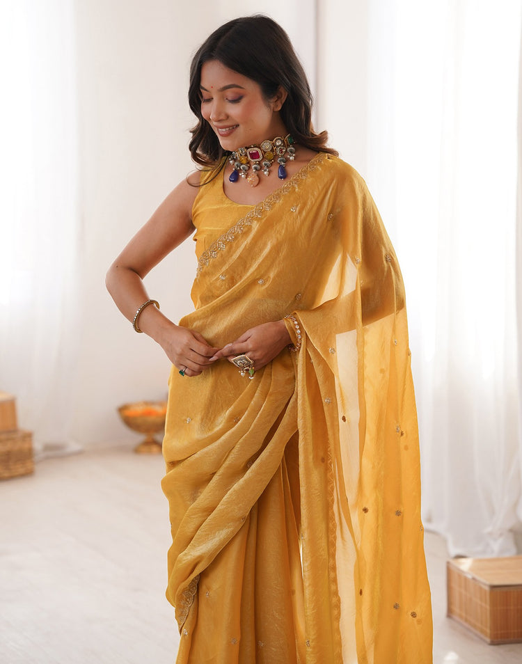 Yellow Shimmer Tissue Sequence Embroidery Saree