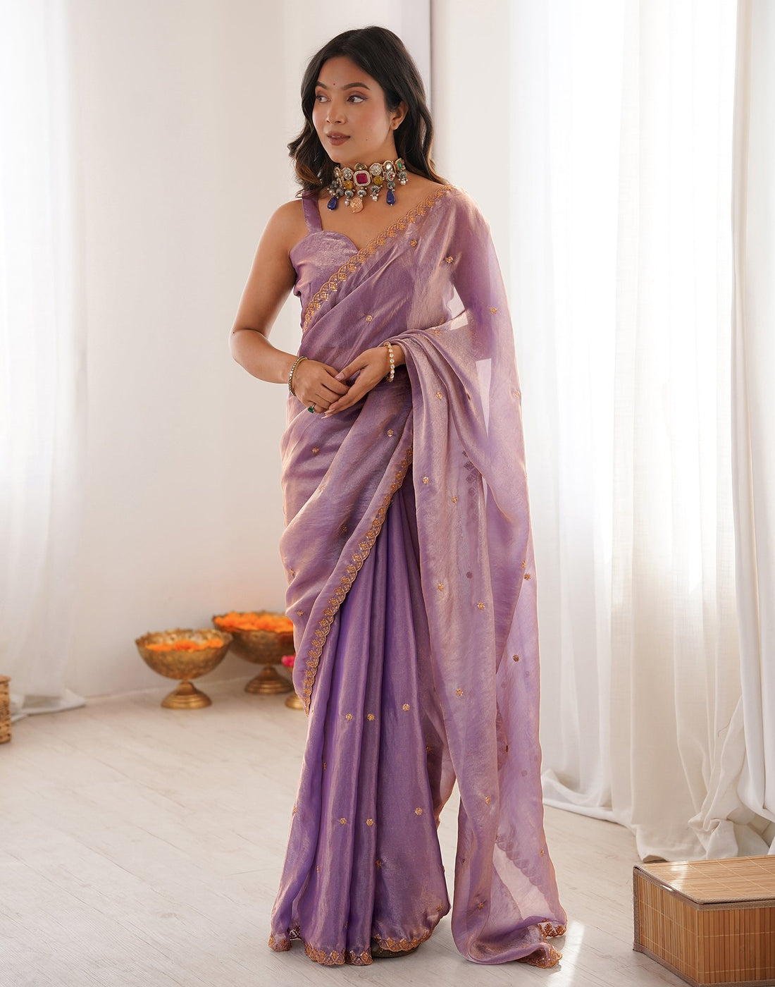 Lavender Shimmer Tissue Sequence Embroidery Saree