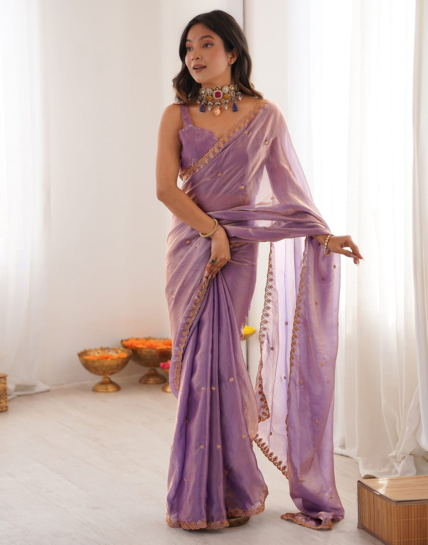 Lavender Shimmer Tissue Sequence Embroidery Saree