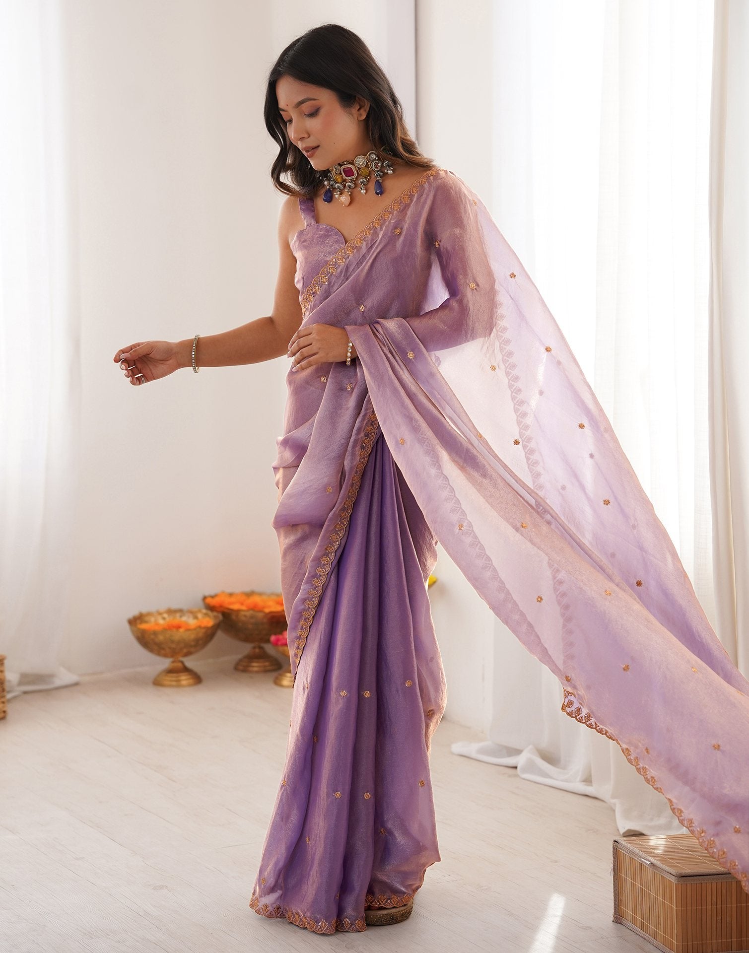 Lavender Shimmer Tissue Sequence Embroidery Saree