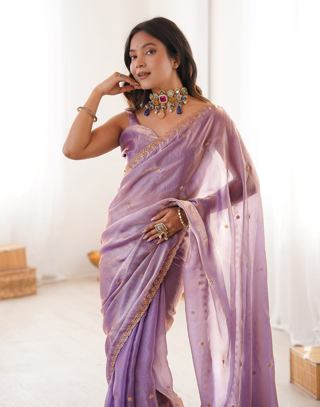 Lavender Shimmer Tissue Sequence Embroidery Saree