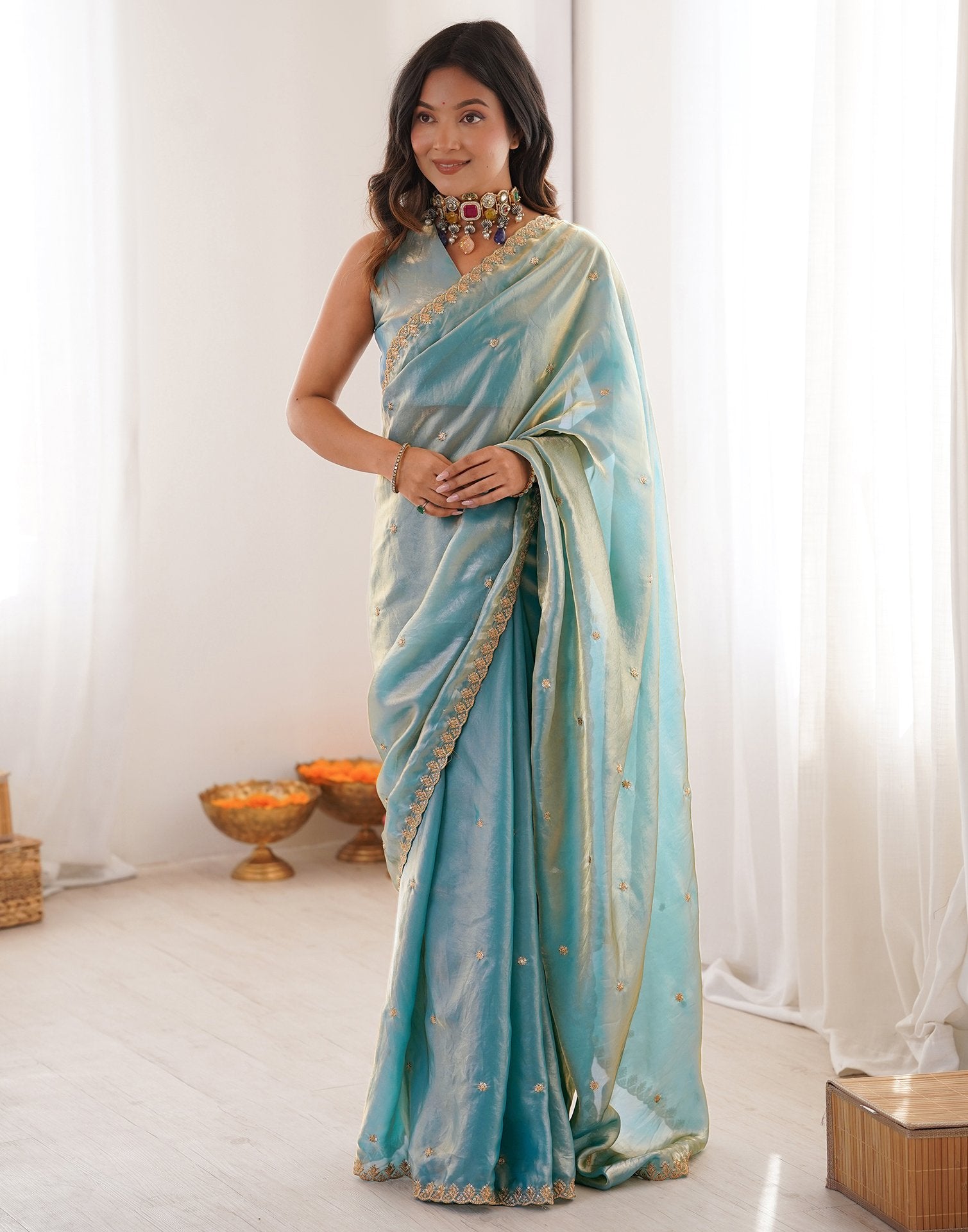 Sky Blue Shimmer Tissue Sequence Embroidery Saree