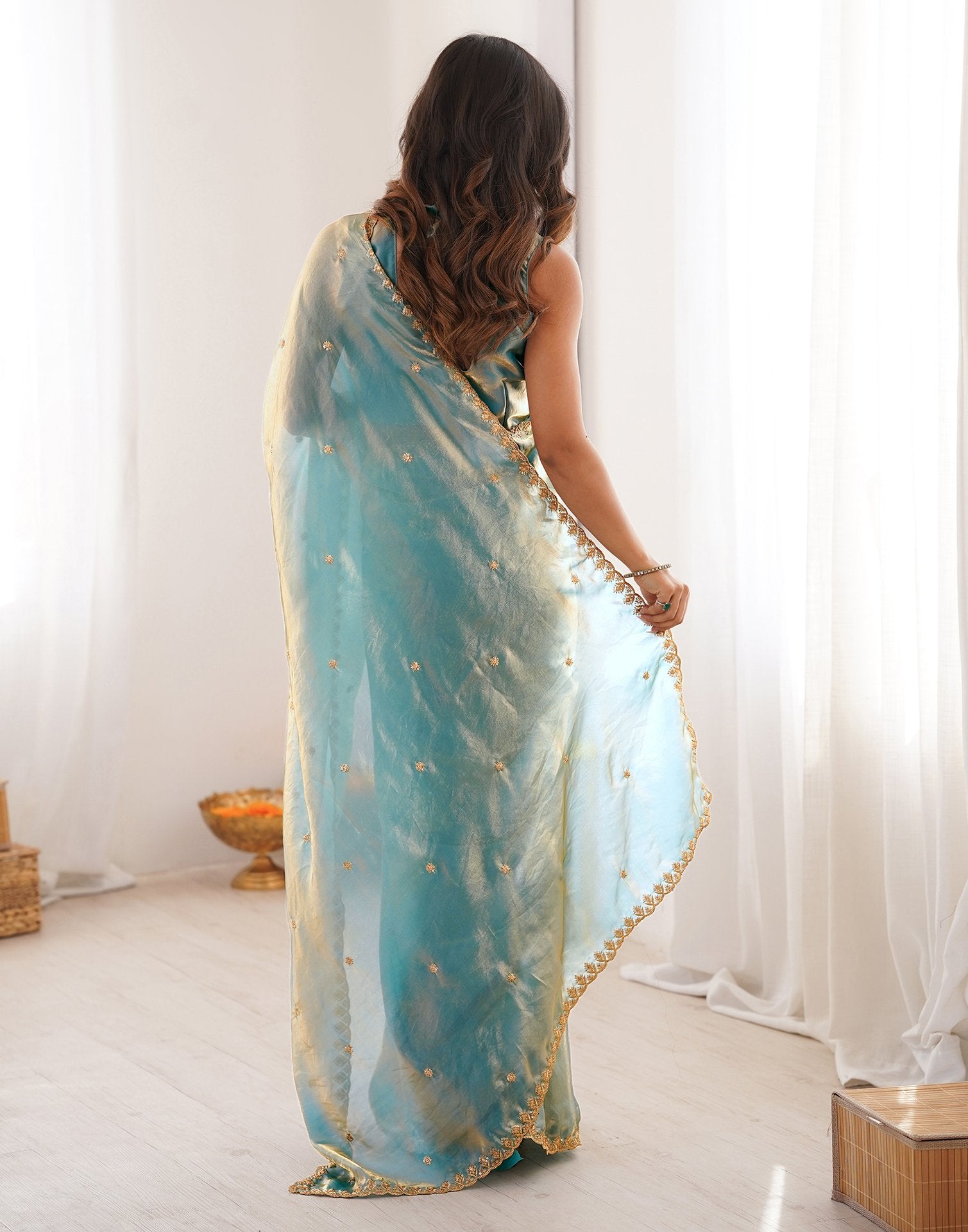 Sky Blue Shimmer Tissue Sequence Embroidery Saree