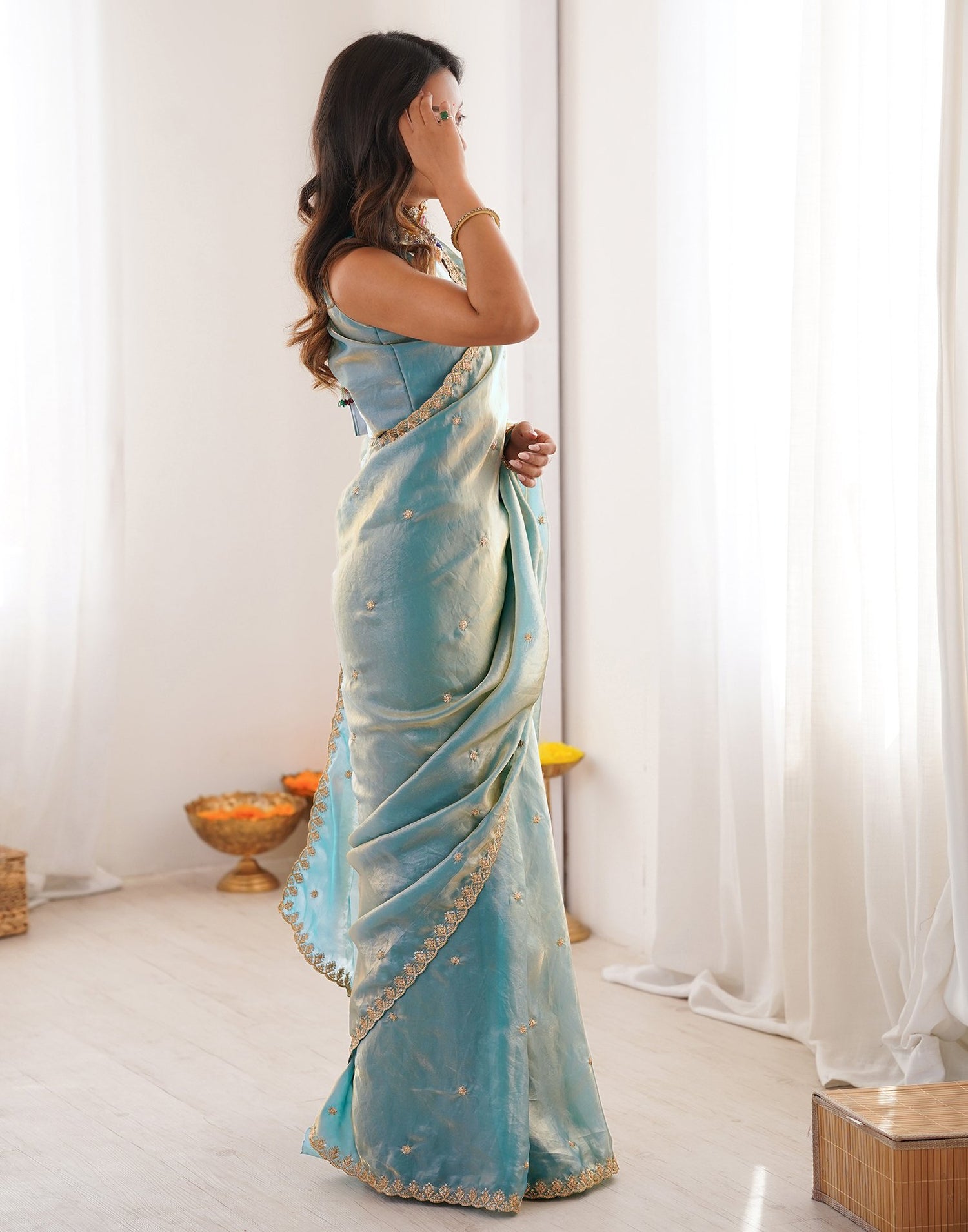 Sky Blue Shimmer Tissue Sequence Embroidery Saree