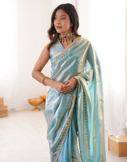 Sky Blue Shimmer Tissue Sequence Embroidery Saree