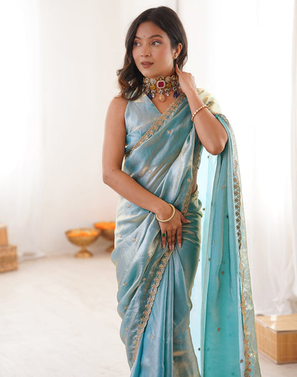 Sky Blue Shimmer Tissue Sequence Embroidery Saree