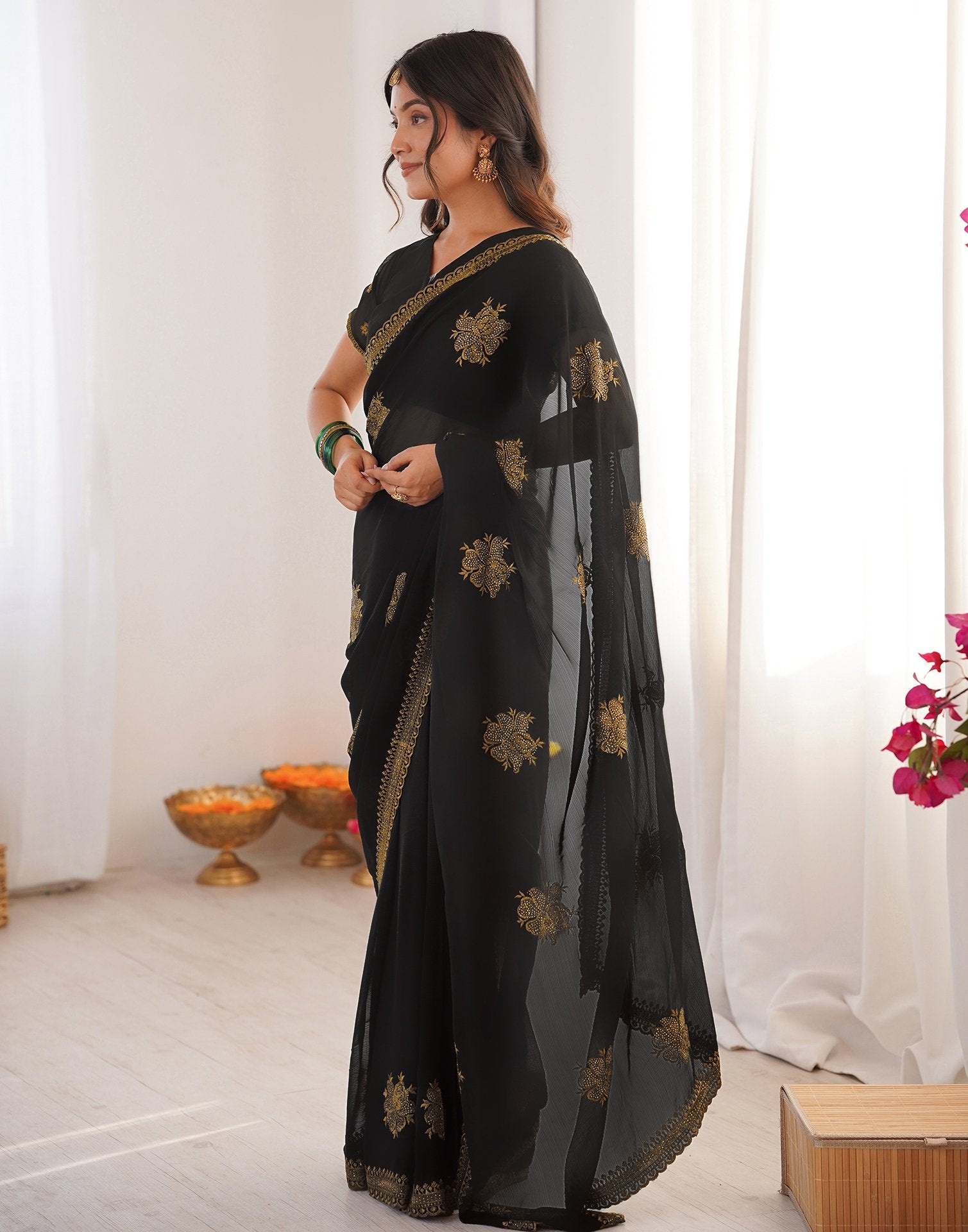 Black Georgette Embroidery Saree