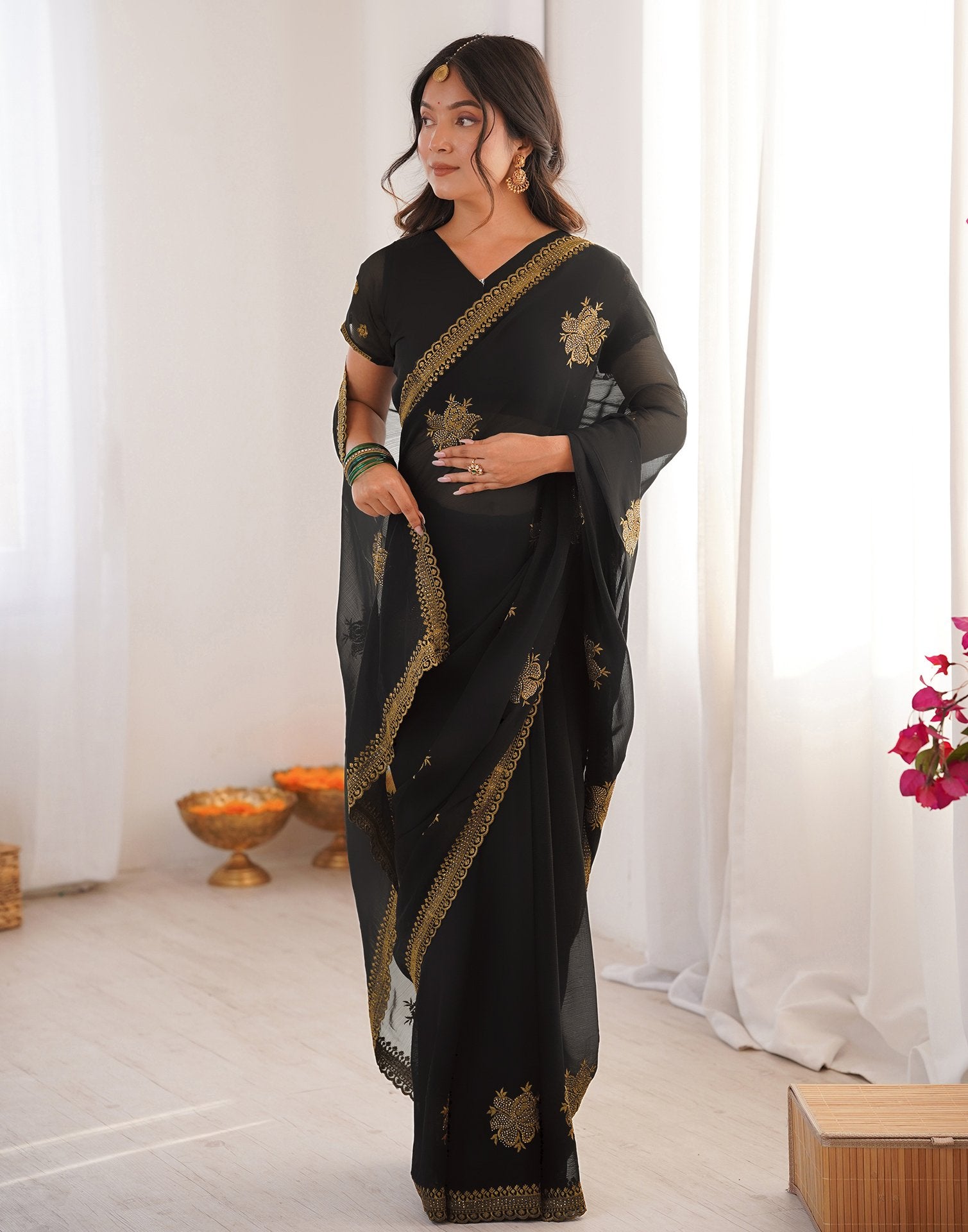 Black Georgette Embroidery Saree