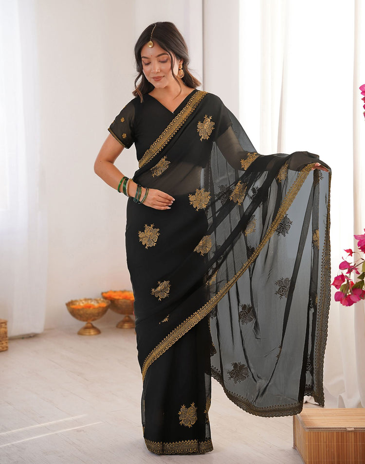 Black Georgette Embroidery Saree