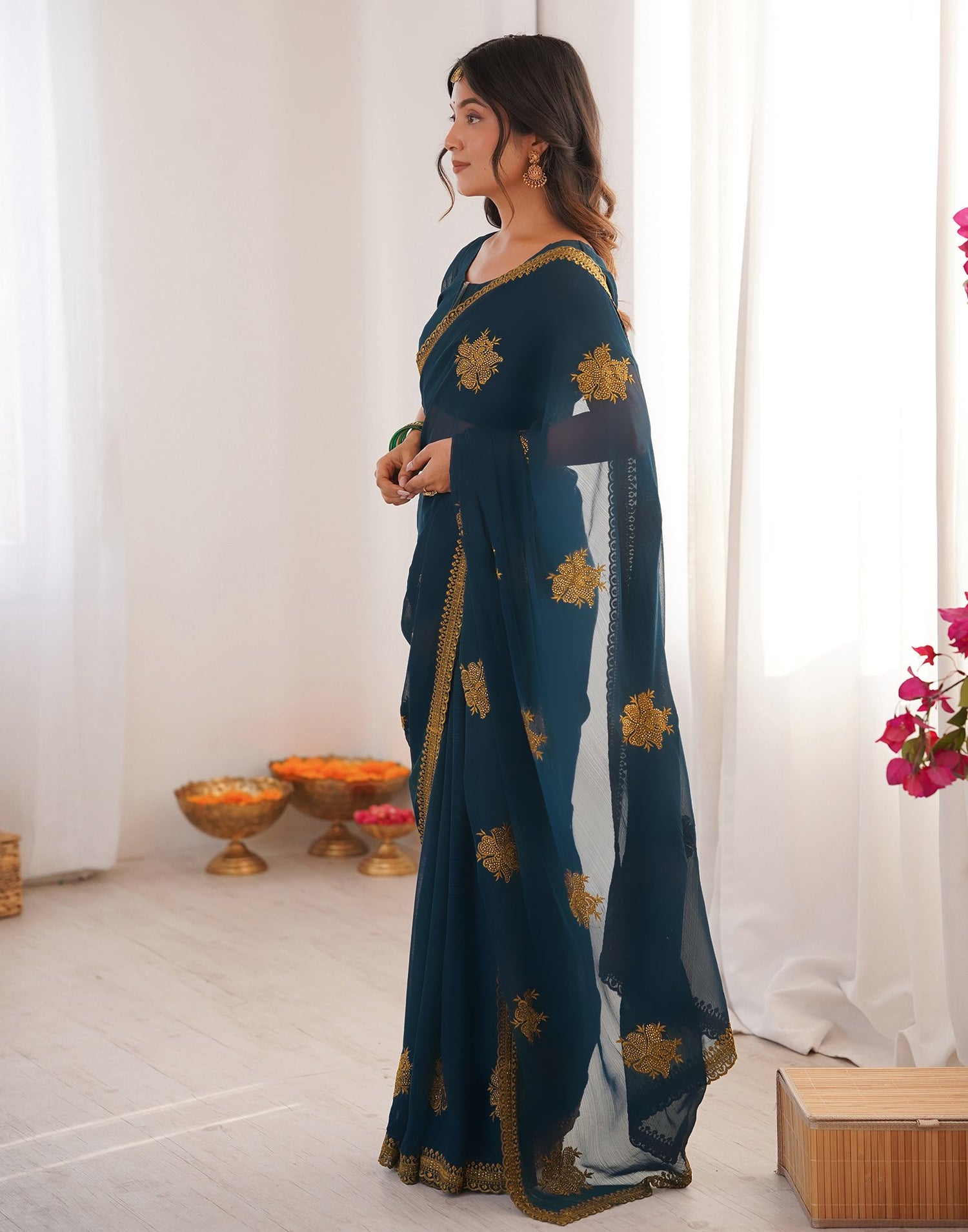 Rama Blue Georgette Embroidery Saree