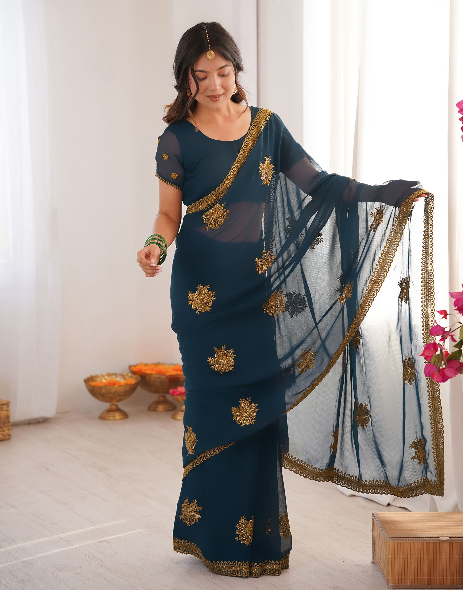 Rama Blue Georgette Embroidery Saree